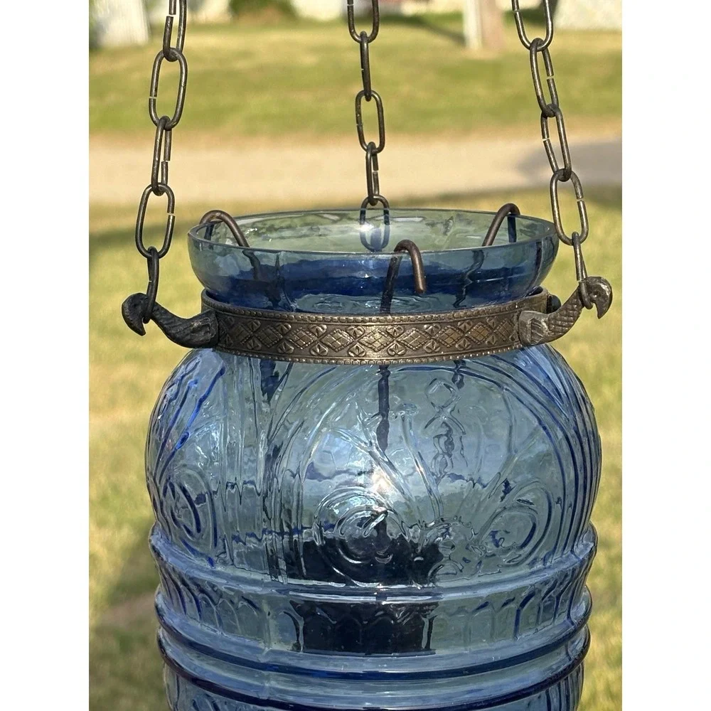 Antique hanging Blue Glass Bell Jar Candle Lantern ~ Pendant Bell